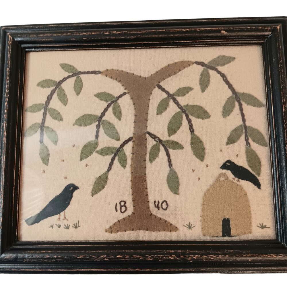 Colonial Primiitive Blackbirds Crows And Tree Needlework Applique Picture Art